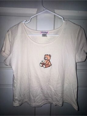 Cream Short Sleeve Tee with Embroidered Teddy